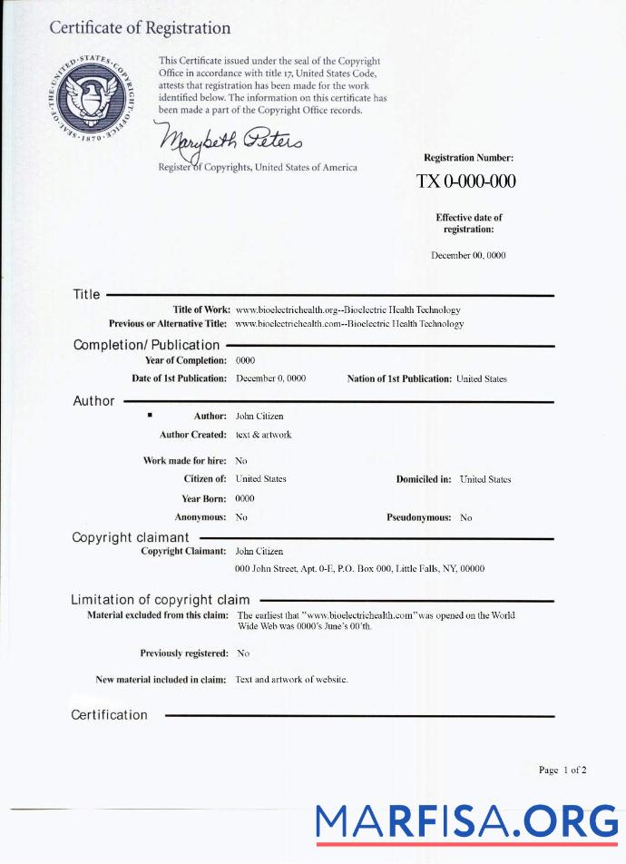 Blank USA copywrite certificate of registration PSD sample download for verification